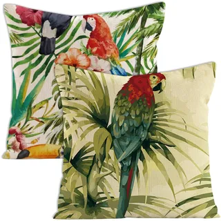 Set Aus 2 Dekorativen Kissenbezügen Mit Tropischen Blumenmustern (blumen, Palmen, Blätter, Flamingos, Papageien, Vögel), Standard-quadratformat 45 X 45 Cm, Sommerlicher Aquarellstil.