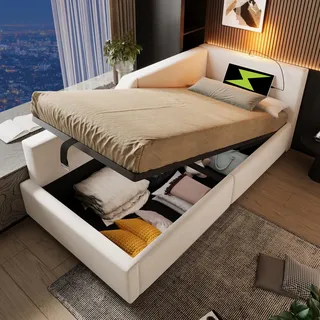 TOBIDOEN Polsterbett Jugendbett 90x200 cm, Tagesbett Funktionsbett mit Stauraum, Schlafsofa Kinderbett Bettkasten & Lattenrost, Bettrahmen aus Metall & Holz, Ohne Matratze, Samt, Beige