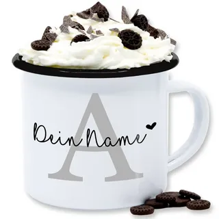 Emaille Tasse Blechtasse - Buchstabe Name anpassbar Herzchen I Geschenk Anfangsbuchstabe mit Name - 300 ml - Weiß Schwarz - geschenke namensbecher buchstaben a tassen anfangsbuchstaben