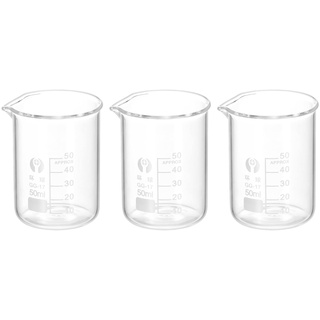 PATIKIL 3Stk 50ml Niedrig Form Glasbecher 3.3 Borosilikatglas Skalierte Bedruckte Messbecher mit Ausguss für Küche Labor Flüssigkeiten