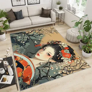 Japanische Dekorationen für Schlafzimmer, japanischer Geisha-Teppich, Retro-Blumen-Teppiche für Wohnzimmer, Schlafzimmer, waschbar, rutschfest, weich, groß, traditioneller Mädchen-Teppich und
