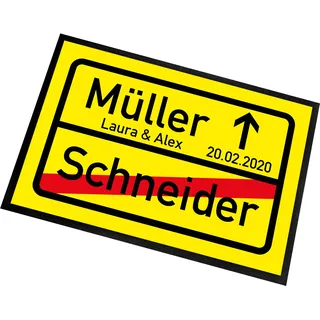 Herzbotschaft personalisierte Fußmatte | Türmatte mit Wunschtext zur Hochzeit | Ortsschild | 60x40cm | für innen und außen | Vorleger für die Haustür/Flur | Geschenk zur ersten Wohnung | Einweihung