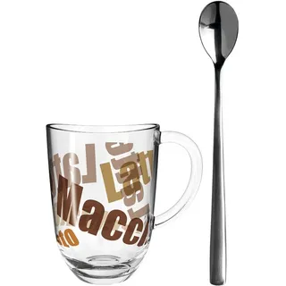 LEONARDO Latte-Macchiato-Tasse Napoli, Kalk-Natron Glas, 2 Kaffeetassen & 2 Löffel, Spülmaschinenfest, Mikrowellengeeignet bunt