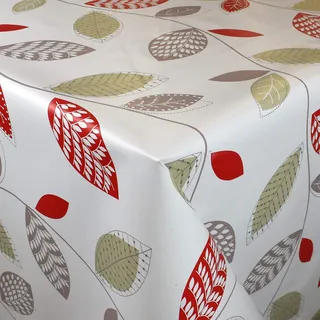KEVKUS Wachstuch Tischdecke Meterware K150088 Blätter Laub Herbst rot grau beige auf weiß wählbar in eckig rund oval (Rand: Paspel (mit Kunststoffband), 140 x 240 cm eckig)