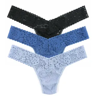 Hanky Panky Daily Lace low Rise Thong - Unterhosen Damen im Elastischen Spitze, 3 Stück, Tanga Damen mit Niedriger Taille - Unterwäsche Frauen Set und Slip Damen aus Baumwolle und Nylon, Einheitsgröße - Einheitsgröße