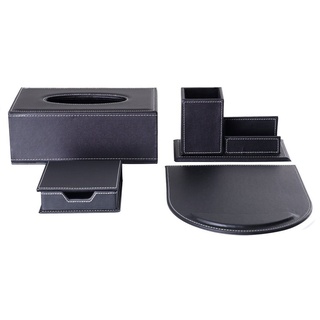 KINGFOM 4pcs Leder büro Schreibtisch Set - Inklusive Kosmetiktücherbox,Mauspad, Stifthalter mit Visitenkartenhalter und Zettelbox (T11-4-Schwarz)
