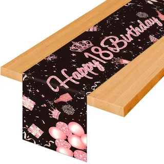 TaimeiMao Schwarz Rosa Party Tischdecke Tischläufer 18 Geburtstag,180x35cm | Tischläufer Schwarz Rosa,18. Tischläufer Geburtstag Mädchen,für Mädchen FrauenGeburtstag Party Dekoration