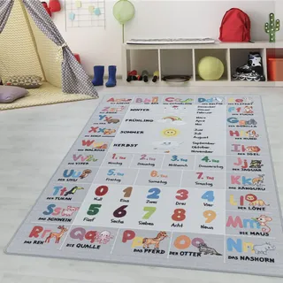 Kinderteppiche für Kinder Alphabet Buchstaben Zahlen Tiere Spielteppich Waschbar Jungen & Mädchen Teppich für Kinderzimmer Babyzimmer Spielzimmer Teppich Farbe: Grau, Grösse: 160 x 230 cm