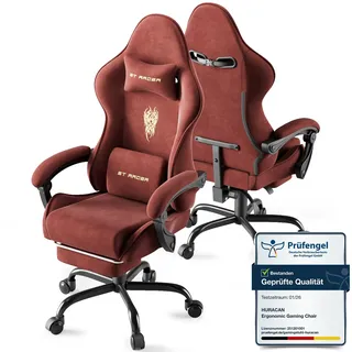 Huracan Gaming Stuhl mit Fußstütze, Atmungsaktiver Ergonomischer Gaming Chair aus Mikrofaser-Velours, Gamer Stuhl, Gaming Sessel mit verstellbare Kopfstütze und Massage Lendenkissen, Armlehnen (Rot)