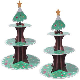 PYGHAP Cupcake-Ständer für Weihnachten, Weihnachtsbaum, Cupcake-Ständer, 3 Etagen, Desserthalter, Pappe, runder Turm, Kuchenständer für Weihnachten, Geburtstag, Partyzubehör, 2 Stück