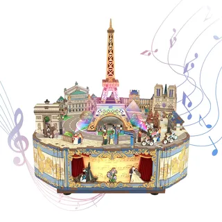 Tonecheer Spieluhr Holz 3D Puzzle, DIY Modellbausatz für Erwachsene, Drehbare Musikbox, Holzpuzzle Geschenke zur Hausdekoration Geschenk für Geburtstag Weihnachten Teenage(Romantisches Paris)