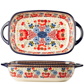 Bicuzat Vintage Blumenstil Keramik Backform Auflaufform Backform Lasagneformen Backgeschirr mit Griffen für Ofen/Kochen/Küche - 1 STK - Rote Blumen - 1,7 l
