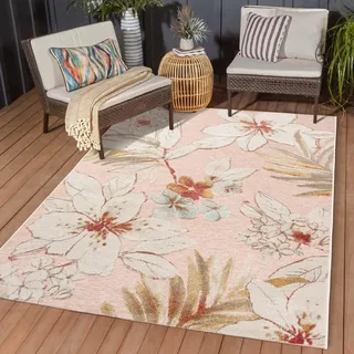 Taracarpet In & Outdoor Teppich Wetterfest Wohnzimmer Balkon Küchenteppich Terrassenteppich Flachgewebe mit Muster Lilien floral Rose rosa 200x290 cm