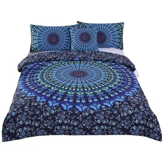 Andrui Bettwäsche Set Boho Mandala Blume Muster Bohemian Exotisch Blau Mehrfarbig 135x200cm Bettbezug und Kissenbezug Einzelbett Bettwäsche mit Reißverschluss Pflegeleicht Ganzjährig