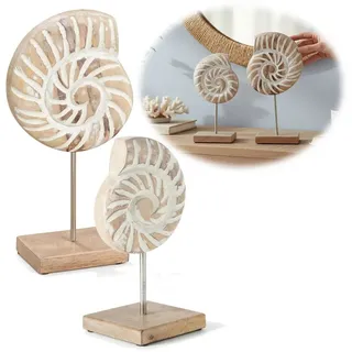 LS-LebenStil Skulptur Deko Objekt Set 2 Muscheln Sylt Mango Holz Sockel Maritim 26/32cm (Aufsteller Muschel 26/32cm zum Hinstellen Shabby Grau Weiß Skulptur Figur Säule, Maritime Deko Meer Strand Nordsee Bad Wohnzimmer)