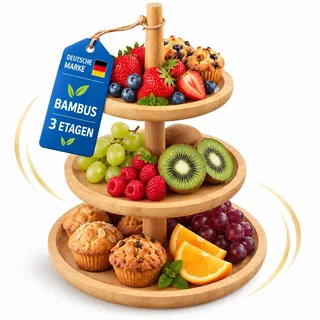 DIMONO® Etagere 3 Etagen Bambus, 37,5cm stabile Obstetagere für Kuchen | Platzsparend anrichten, extra stabil & wackelfrei, Servier Etagere 3 stöckig aus 100% Bambus Holz, großer Ø 31cm Boden