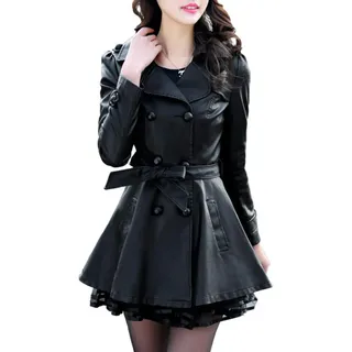 E-girl Damen Schwarz Kunstleder Trench Jacke Lederjacke Schlank Schaltfläche Revers Mittlere Länge Mantel,P730,L - 38