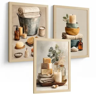 POSTER Set aus 3 Badezimmer Wandbildern und Drucke zur Dekoration für Waschbecken Dusche WC mit Kerzen Seifen und Handtüchern Leichter Holzrahmen A3