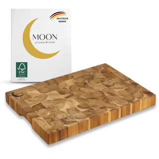 MOON HOME Premium Schneidebrett - Uranus, massives Stirnholz/Akazie, mit zwei Griffmulden, messerschonend & hygienisch, extra langlebig & stabil, 42.0 x 30.0 x 4.0 cm