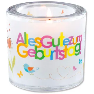 Butzon & Bercker Windlicht Alles Gute zum Geburtstag - Glas Teelicht | Mundgeblasenes Tischlicht mit Blumendesign, ca. 6,5 cm groß, dekoratives Kerzenglas inklusive Geschenkverpackung