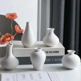 Tanvecle Kleine weiße Vasen, Keramik Knospenvase Set von 5, Mini Pottery Vasen für Pampasgras, Blumen, dekorative Vasen für Home Modern Decor, Rustikale Dekor, Vesen für Wohnzimmer Esstisch Regale
