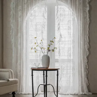 Sutuo Home Weiße Spitzenvorhänge, 228 cm lang, Vintage-Stil, bestickt, Blumenmuster, Rose, durchscheinende Vorhänge für Schlafzimmer, Wohnzimmer, Privatsphäre, rustikale Fenster, Behandlungspaar,
