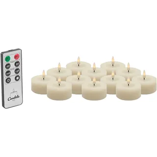 Candela Lights LED Kerzen 12er Set Ø6,8cm Winter creme glatt Echtwachs Teelicht mit Fernbedienung & Timerfunktion Flammenlose flackernde LED-Kerze mehrstufig dimmbar