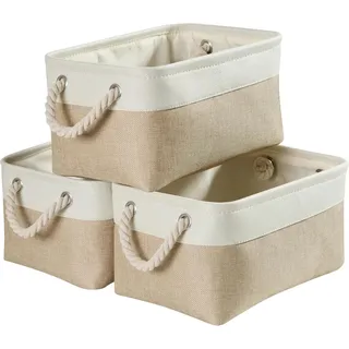 Mangata 3 Stück aufbewahrungskorb Stoff, Kleine aufbewahrungsbox Schrank, Korb aufbewahrung Stoff mit Baumwolle Seil für Spielzeug, kleiderschrank, Regale, Kleidung (Faltbare, Khaki-Weiß)