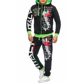 L.gonline Freizeitanzug Herren Jogging-ANZUG, Sporthose und Kapuzenjacke, Italy-Design 531-5 (Kapuzenjacke mit Reißverschluss, Hose, 2-tlg), Fitness Freizeit Casual grün S
