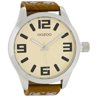 OOZOO Quarzuhr Basic XXL Herrenuhr C1002 Creme Lederband Cognac 50 mm