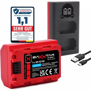 Baxxtar Set - NP-FZ100 Akku 2600mAh mit Ladegerät 18582 USB-C Dual LCD | Kompatibel mit Sony Alpha A7 A9 FX3 FX30 A6600 A6700 A1 A9II A7III A7IV A7R 7C 7CR 7S 7R A7C2 A7R3