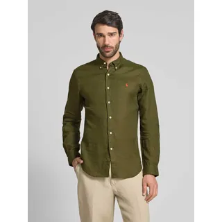 Slim Fit Leinenhemd mit Logo-Stitching, Oliv, XXL