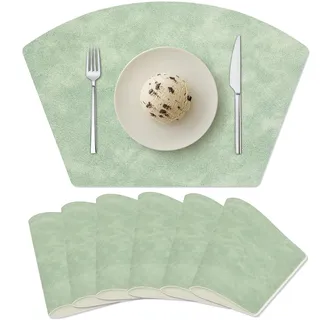 Tischsets für runden Tisch 6er Set, Kunstleder Keilförmige Platzsets für Esstisch, Hitzebeständig Abwaschbar Abwischbar Tischmatten Wendbar, Grün/Beige