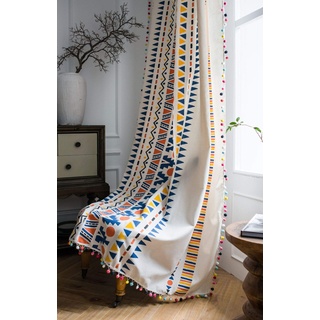 SASIGAYA Beige Vorhänge Bunt Geometrische Vorhänge in Böhmischen Vintage Gardinen mit Quasten Baumwolle Leinen Lichtdurchlässig Verdunkelungs Vorhänge für Wohnzimmer Schlafzimmer 2 Stück H160×B150 cm