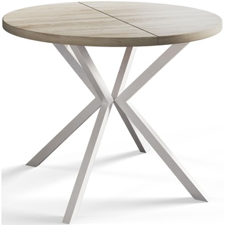 Runder Esszimmertisch LOFT LITE, ausziehbarer Tisch Durchmesser: 100 cm/180 cm, Wohnzimmertisch Farbe: Beige, mit Metallbeinen in Farbe Weiß