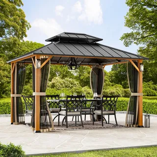 Modern Shade 3 x 3,6m Horizon Hardtop-Pavillon mit 4 LED-Leuchten, Fester Gartenpavillon mit Doppeldach aus verzinktem Stahl, Metall Partyzelt mit Dekorhaken, Moskitonetzen für Terrasse, Holz