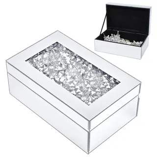 FINGERINSPIRE Schmuckkästchen Aus Glas Mit Spiegel 21x13x8.5cm Mit Diamantmuster Rechteckig Silberfarben Aufbewahrungsbox Für Damenschmuck Und Ringe