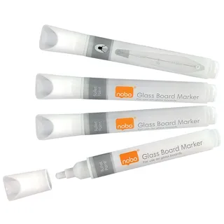 Nobo Liquid Ink Whiteboard-Marker für Glas-Whiteboards, 3 mm Rundspitze, 4er-Set, trocken abwischbar, Non-Permanent-Stift für Präsentationen in der Schule oder im Büro, weiß, 1905323