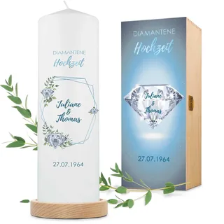 GRAVURZEILE Bedruckte Kerze - Diamantene Hochzeit Design - Personalisiert mit Namen, Datum & Wunschtext - Geschenk für Paare zu 60 Jahre Diamanthochzeit - Hochzeitskerze Stumpenkerze 250/80 mm - Weiß