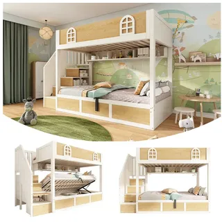 Odikalo Etagenbett Kinderbett 90x200 140x200 mit Bettkasten und Stauraumtreppe (90x200 cm mit Treppenschrank und Stauraum, Doppelstockbett in Weiß und Natur mit Sicherheitsgeländer und Lattenrost, platzsparendes Bett für zwei Kinder, ohne Matratze)