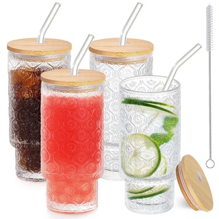 Anhow 4er Cocktail Gläser Set, 350ml Blume Longdrinkgläser mit Deckel, Eiskaffee Gläser mit 4 Strohhalm/ 1 Bürsten für Wasser, Cocktails, Saft - Transparent