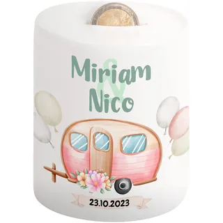 Hochzeitsgeschenke für Brautpaar - Hochzeits-Spardose mit Namen und Datum - Verpackung Just Married Hochzeit Geld-Geschenk Hochzeit personalisiert | Hochzeitstag Sparschwein | Auto Motiv (Wohnwagen)