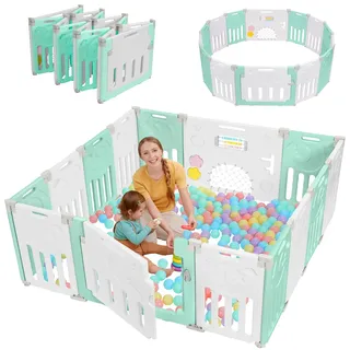 Dripex Laufstall Baby faltbar, laufgitter baby aus Kunststoff, laufstall mit Tür und Spielzeugboard, 150×150cm 14-Paneele, grün
