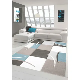 Traum Designer Teppich Moderner Wohnzimmer Kurzflor Mit Konturenschnitt Karo Muster Pastellfarben Blau Creme Beige Dunkelgrau Größe 80 x 300 cm