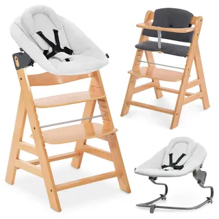 hauck Alpha+ Hochstuhl Newborn Set mit Premium Bouncer - Natural | Mitwachsender Holz Kinderhochstuhl ab Geburt bis 90 kg | inkl. Neugeborenenaufsatz & Sitzkissen
