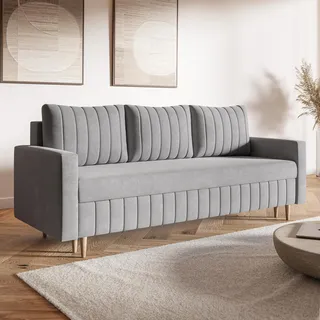 MOTIVENA Leo Sofagarnituren, 3 Sitzer Sofa mit Bettfunktion, Schlafsofa 215 cm Breit, Klappsofa mit Schlaffunktion, Bettsofa mit Schlaffunktion, Taschenfederkern (H3), Samt Grau