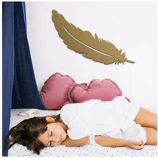 Namofactur LED Dekolicht Feder LED Wandlampe Holz 50cm, Mit Zugschalter, LED fest integriert, Warmweiß, Dekolicht Kinderzimmer Wanddeko Wohnzimer Wandbild goldfarben