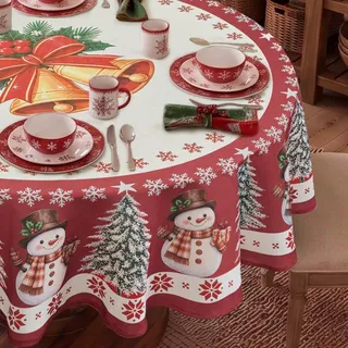 Tischdecke rund Weihnachten 140cm Durchmesser, abwaschbar & wasserabweisend | Leinenoptik rot Weihnachtstischdecken mit goldenen Glocken, weißen Schneemännern & Tannenbäumen Weihnachtsdeko Silvester 2026