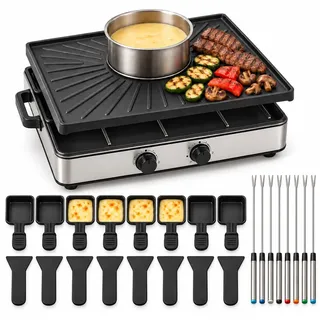 8 Personen Set Raclette - Mit Grillplatte & Fondue Topf Funktion - Tischgrill inkl. Pfännchen & Schaber (Fondue Set)