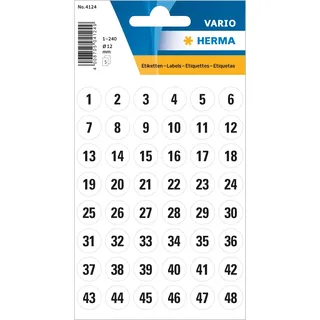 HERMA 4124 Zahlen Aufkleber schwarz 1-240 rund, 240 Stück, Ø 12 mm, selbstklebend, groß, matt, Nummer Ziffer Klebezahlen Sticker Hausnummern aus Papier zum Aufkleben, weiß